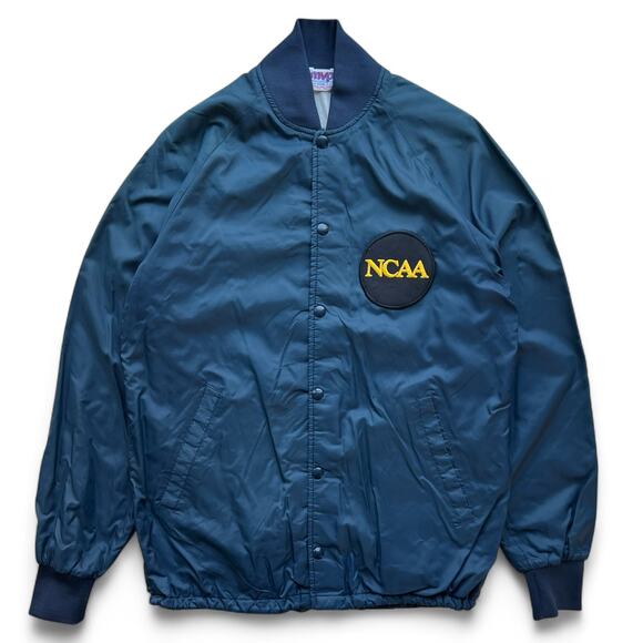 Vintage 80s NCAA Snap Nylon Bomber Jacket Navy Blue Varsity Athletic Coaches S